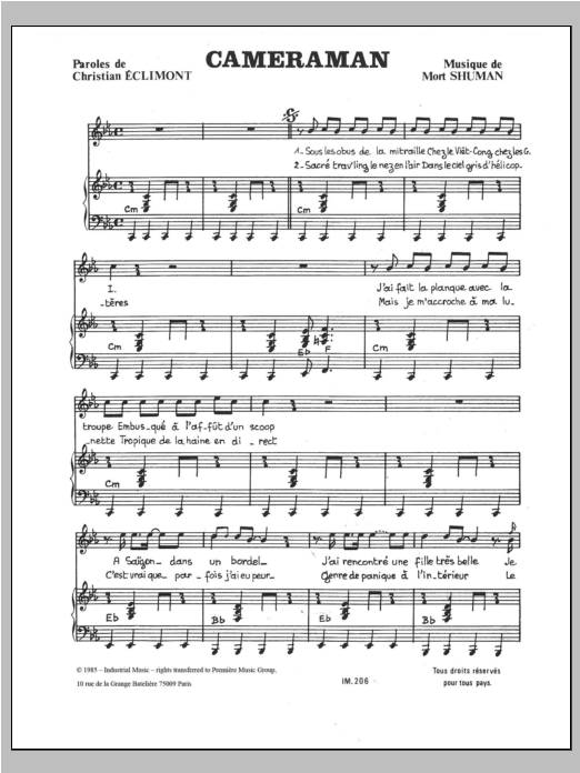 Download Mort Shuman Cameraman Sheet Music and learn how to play Piano & Vocal PDF digital score in minutes