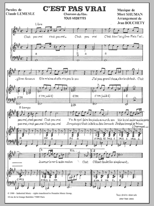 Download Mort Shuman C'est Pas Vrai Sheet Music and learn how to play Piano & Vocal PDF digital score in minutes