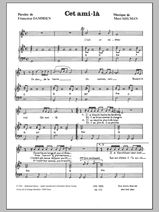 Download Mort Shuman Cet Ami La Sheet Music and learn how to play Piano & Vocal PDF digital score in minutes