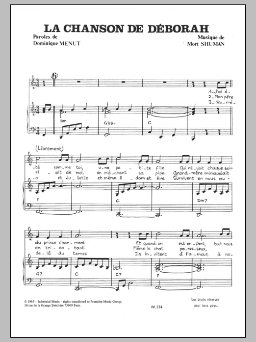 Download Mort Shuman Chanson De Deborah Sheet Music and learn how to play Piano & Vocal PDF digital score in minutes