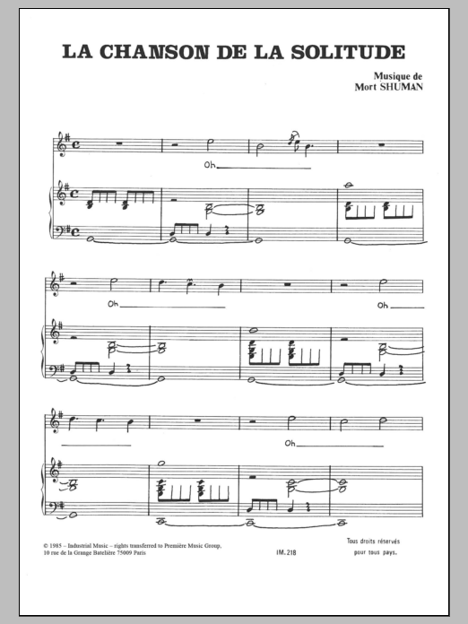 Download Mort Shuman Chanson De La Solitude Sheet Music and learn how to play Piano & Vocal PDF digital score in minutes