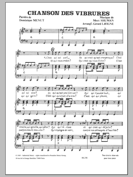 Download Mort Shuman Chanson Des Vibrures Sheet Music and learn how to play Piano & Vocal PDF digital score in minutes