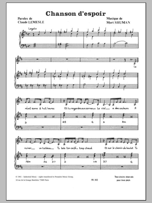 Download Mort Shuman Chanson D'espoir Sheet Music and learn how to play Piano & Vocal PDF digital score in minutes
