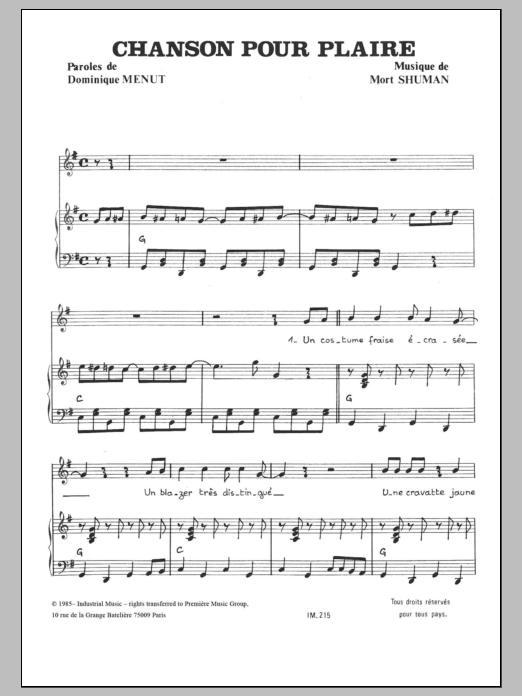 Download Mort Shuman Chanson Pour Plaire Sheet Music and learn how to play Piano & Vocal PDF digital score in minutes