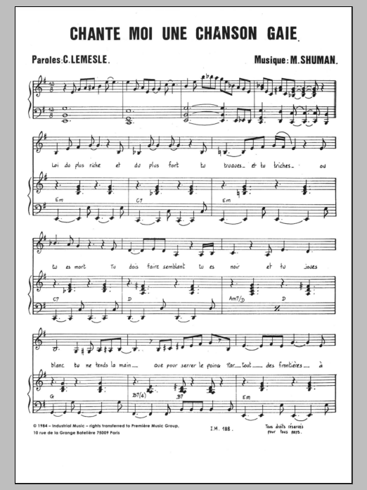 Download Mort Shuman Chante Moi Une Chanson Gaie Sheet Music and learn how to play Piano & Vocal PDF digital score in minutes