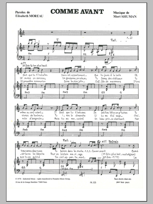 Download Mort Shuman Comme Avant (Comme Avant Vous) Sheet Music and learn how to play Piano & Vocal PDF digital score in minutes