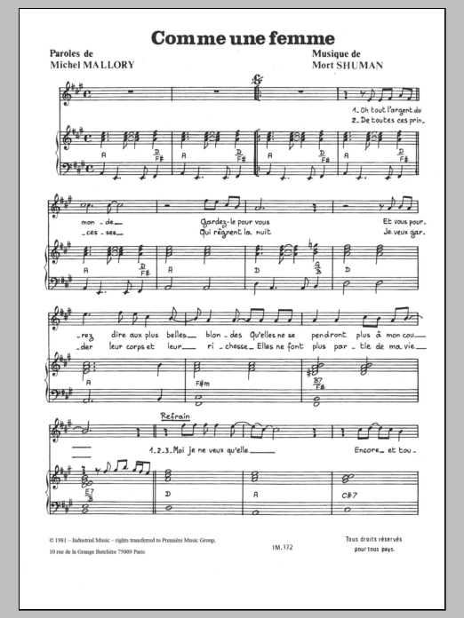 Download Mort Shuman Comme Une Femme Sheet Music and learn how to play Piano & Vocal PDF digital score in minutes