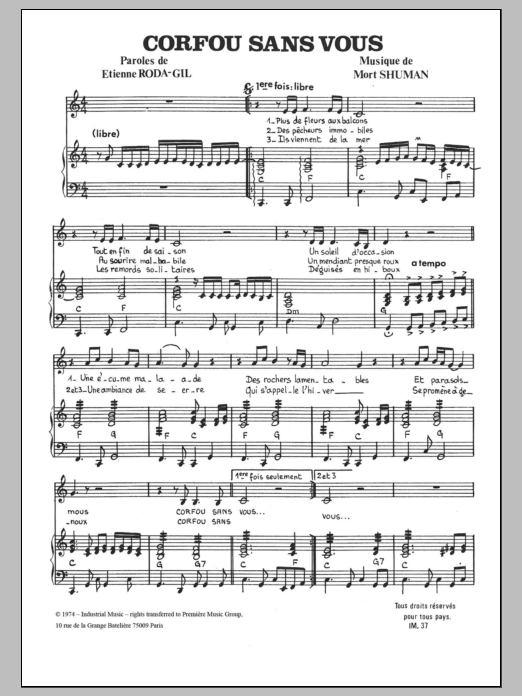 Download Mort Shuman Corfou, Sans Vous Sheet Music and learn how to play Piano & Vocal PDF digital score in minutes