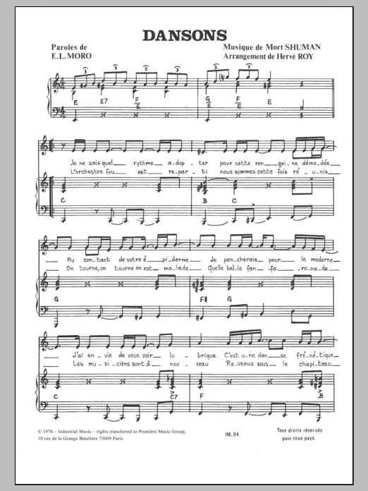 Download Mort Shuman Dansons Sheet Music and learn how to play Piano & Vocal PDF digital score in minutes