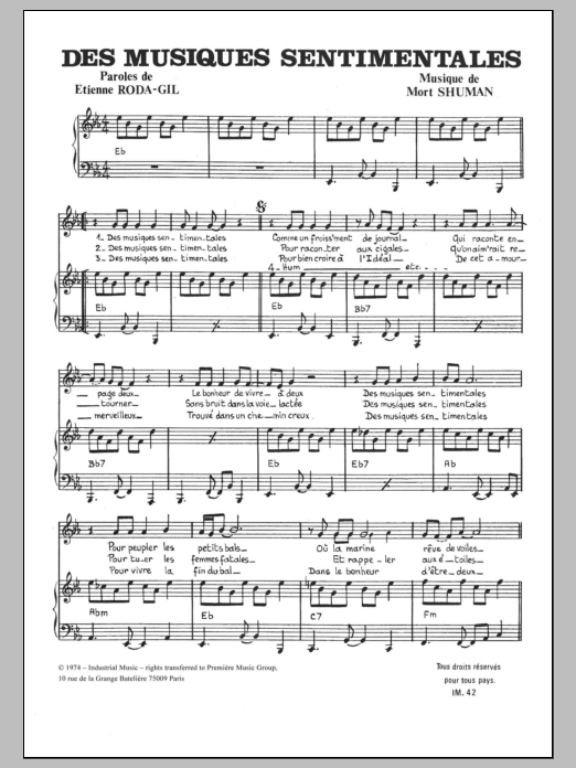 Download Mort Shuman Des Musiques Sentimentales Sheet Music and learn how to play Piano & Vocal PDF digital score in minutes