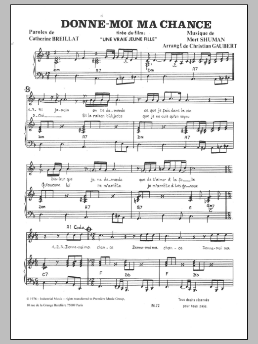 Download Mort Shuman Donne Moi Ma Chance Sheet Music and learn how to play Piano & Vocal PDF digital score in minutes