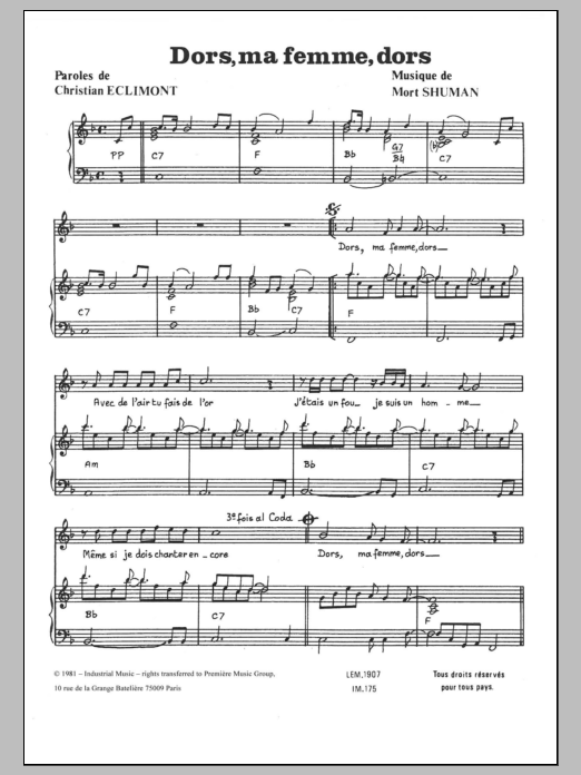 Download Mort Shuman Dors Ma Femme, Dors Sheet Music and learn how to play Piano & Vocal PDF digital score in minutes