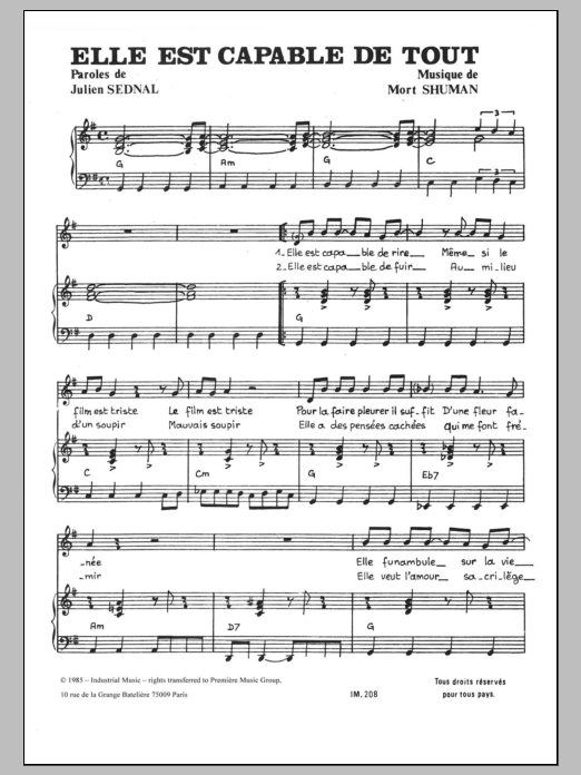 Download Mort Shuman Elle Est Capable De Tout Sheet Music and learn how to play Piano & Vocal PDF digital score in minutes