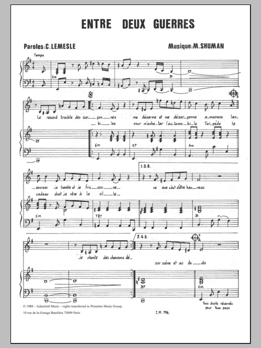 Download Mort Shuman Entre Deux Guerres Sheet Music and learn how to play Piano & Vocal PDF digital score in minutes