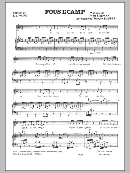 Download Mort Shuman Fous L'camp Sheet Music and learn how to play Piano & Vocal PDF digital score in minutes