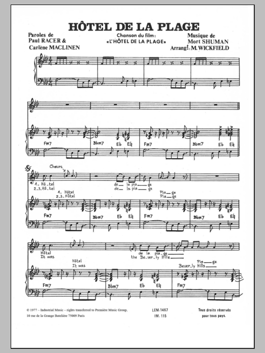 Download Mort Shuman Hotel De La Plage Sheet Music and learn how to play Piano & Vocal PDF digital score in minutes