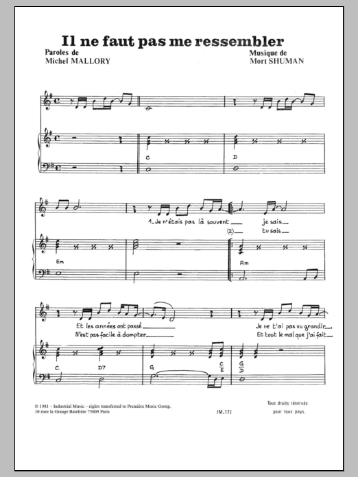 Download Mort Shuman Il Ne Faut Pas Me Ressembler Sheet Music and learn how to play Piano & Vocal PDF digital score in minutes