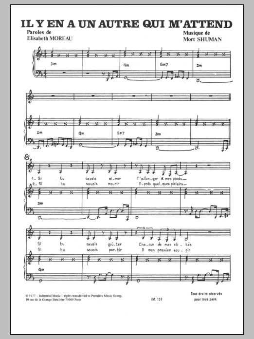 Download Mort Shuman Il Y A Un Autre Qui M'attend Sheet Music and learn how to play Piano & Vocal PDF digital score in minutes