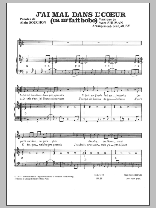 Download Mort Shuman J'ai Mal Dans L'coeur (Ca Me Fait Bobo) Sheet Music and learn how to play Piano & Vocal PDF digital score in minutes