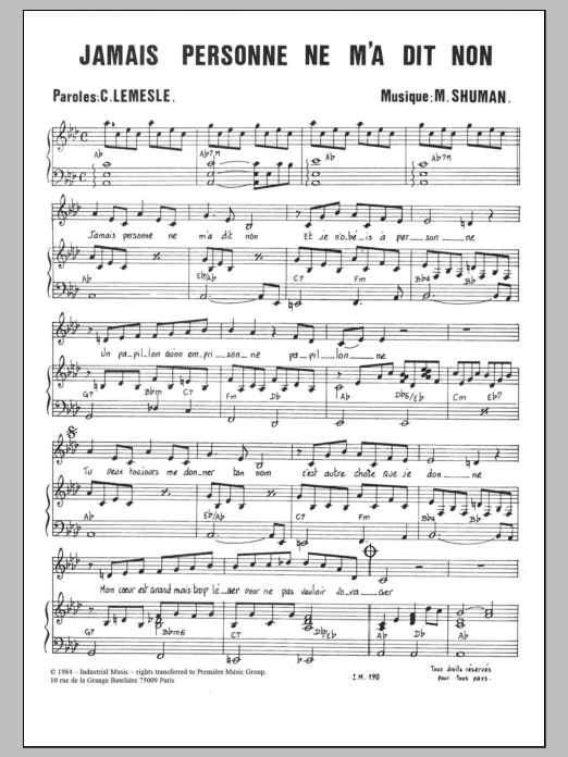 Download Mort Shuman Jamais Personne Ne M'a Dit Non Sheet Music and learn how to play Piano & Vocal PDF digital score in minutes