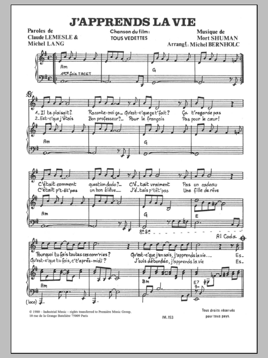 Download Mort Shuman J'apprends La Vie Sheet Music and learn how to play Piano & Vocal PDF digital score in minutes