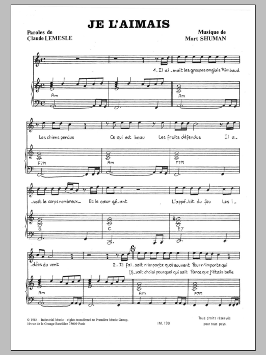 Download Mort Shuman Je L'aimais Sheet Music and learn how to play Piano & Vocal PDF digital score in minutes