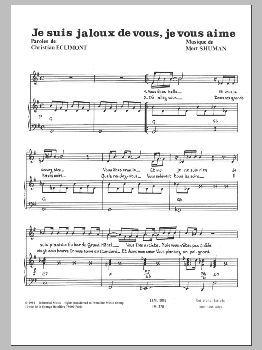 Download Mort Shuman Je Suis Jalouz De Vous Et Je Vous Aime Sheet Music and learn how to play Piano & Vocal PDF digital score in minutes