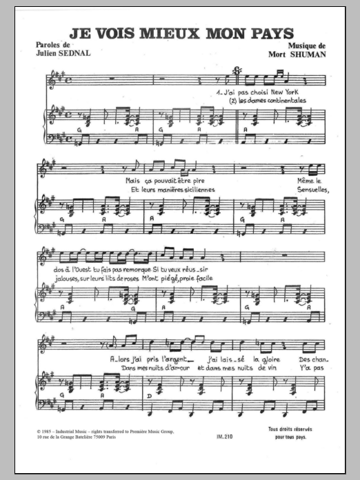 Download Mort Shuman Je Vois Mieux Mon Pays Sheet Music and learn how to play Piano & Vocal PDF digital score in minutes