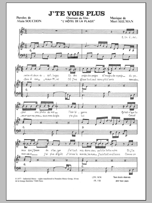 Download Mort Shuman J'te Vois Plus Sheet Music and learn how to play Piano & Vocal PDF digital score in minutes