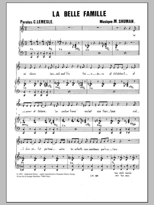 Download Mort Shuman La Belle Famille Sheet Music and learn how to play Piano & Vocal PDF digital score in minutes