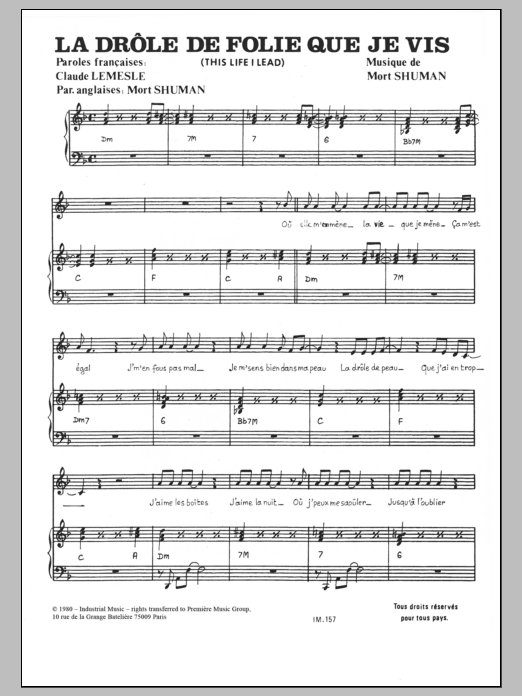 Download Mort Shuman La Drole De Folie Que Je Vis Sheet Music and learn how to play Piano & Vocal PDF digital score in minutes