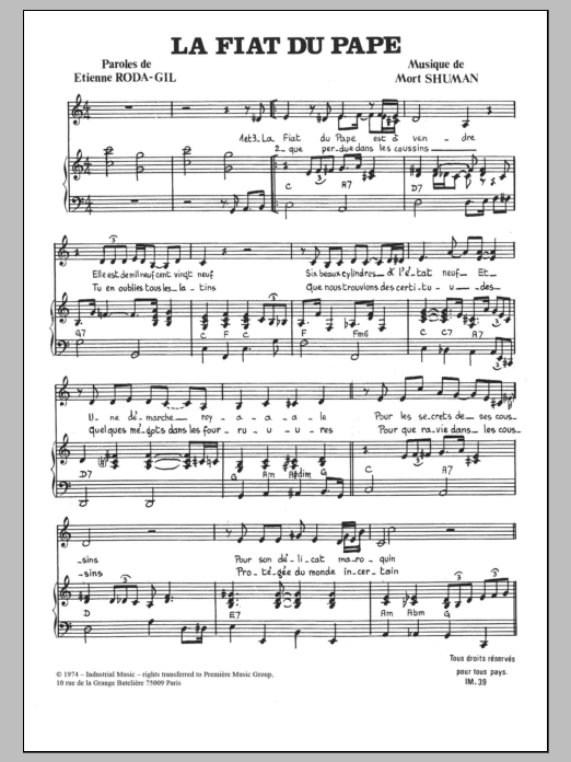 Download Mort Shuman La Fiat Du Pape Sheet Music and learn how to play Piano & Vocal PDF digital score in minutes
