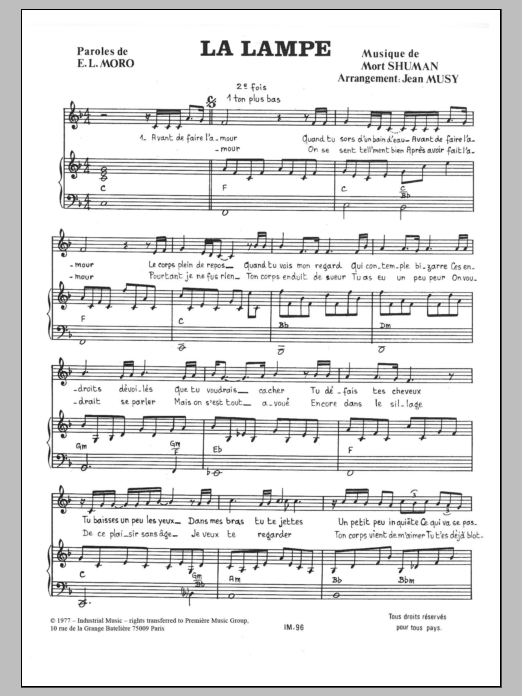 Download Mort Shuman La Lampe Sheet Music and learn how to play Piano & Vocal PDF digital score in minutes