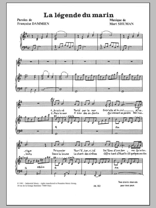 Download Mort Shuman La Legende Du Marin Sheet Music and learn how to play Piano & Vocal PDF digital score in minutes