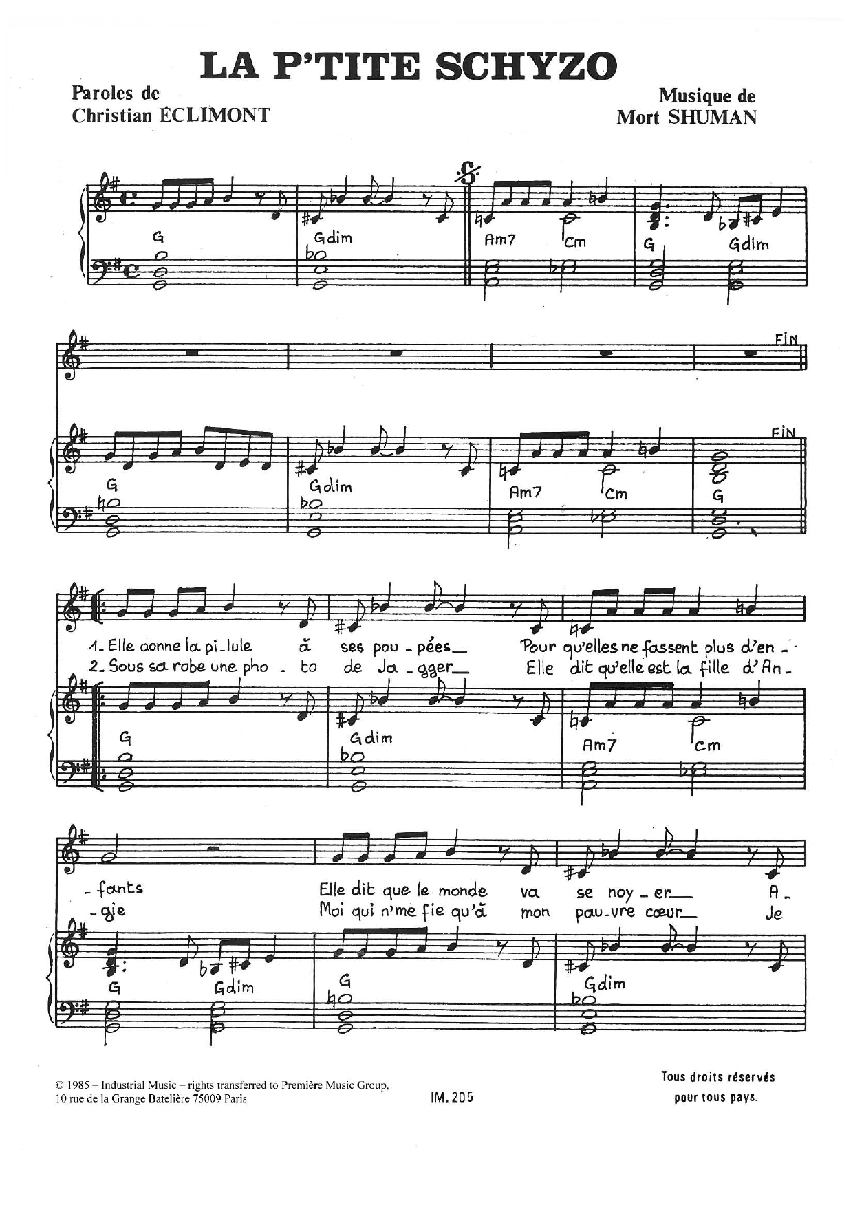 Download Mort Shuman La P'tite Schyzo Sheet Music and learn how to play Piano & Vocal PDF digital score in minutes