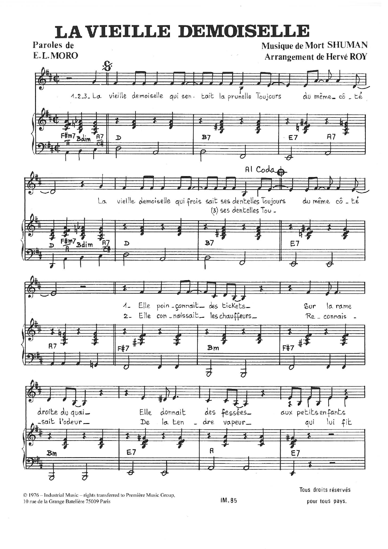 Download Mort Shuman La Vieille Demoiselle Sheet Music and learn how to play Piano & Vocal PDF digital score in minutes