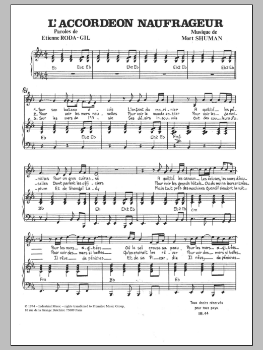 Download Mort Shuman L'Accordeon Naufrageur Sheet Music and learn how to play Piano & Vocal PDF digital score in minutes