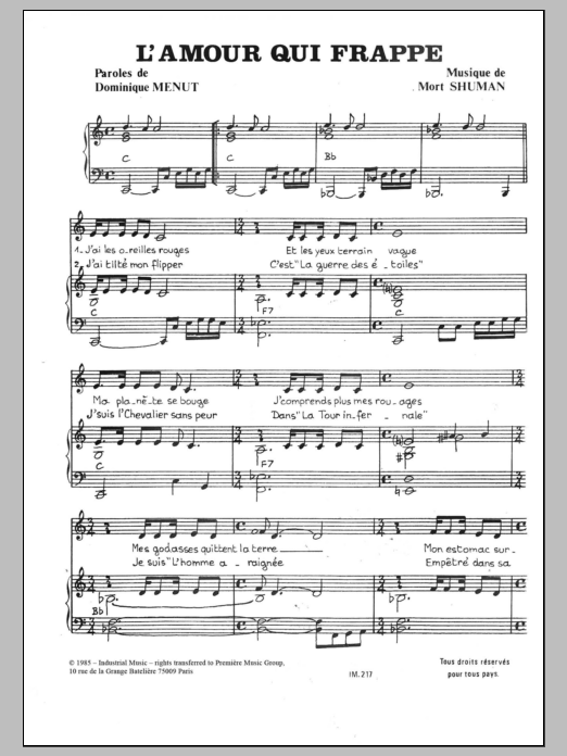 Download Mort Shuman L'Amour Qui Frappe Sheet Music and learn how to play Piano & Vocal PDF digital score in minutes