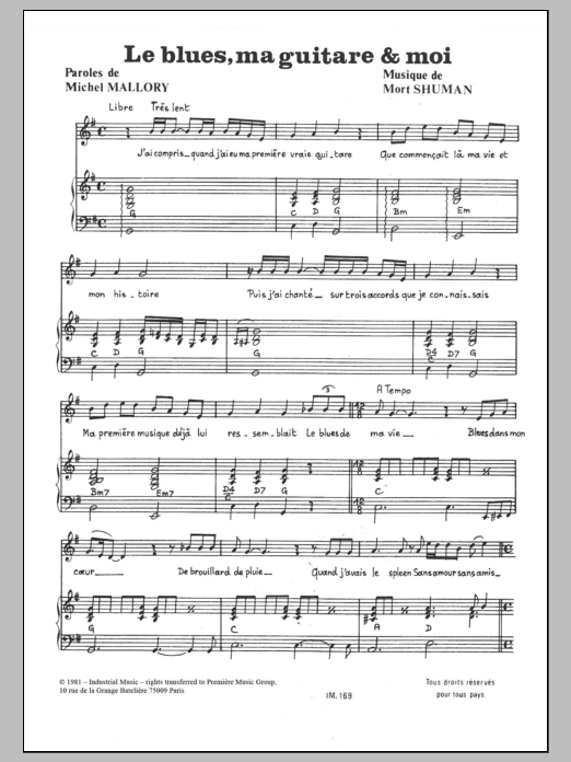 Download Mort Shuman Le Blues Ma Guitare Et Moi Sheet Music and learn how to play Piano & Vocal PDF digital score in minutes