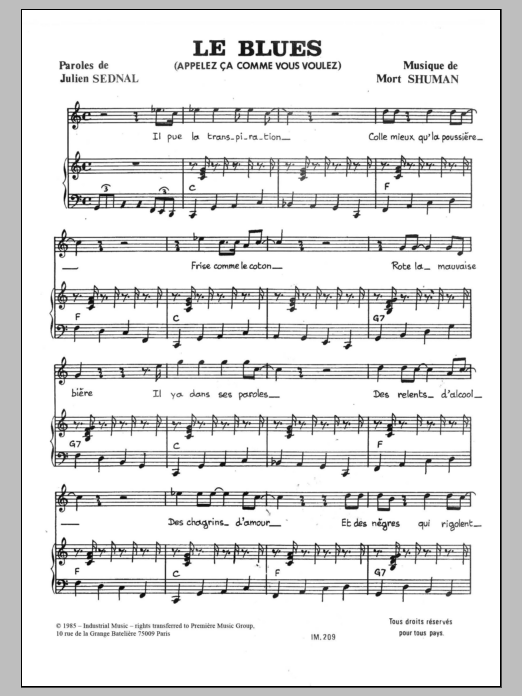 Download Mort Shuman Le Blues Sheet Music and learn how to play Piano & Vocal PDF digital score in minutes