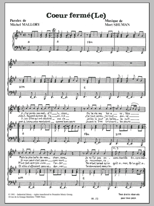 Download Mort Shuman Le Coeur Ferme Sheet Music and learn how to play Piano & Vocal PDF digital score in minutes