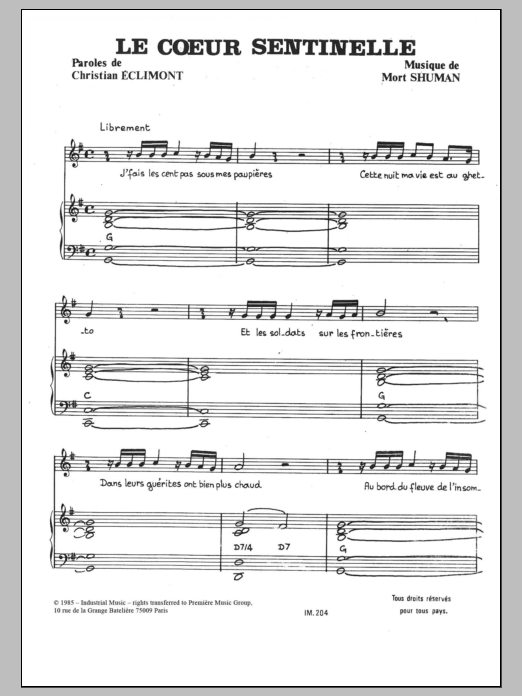 Download Mort Shuman Le Coeur Sentinelle Sheet Music and learn how to play Piano & Vocal PDF digital score in minutes
