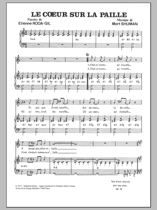 Download Mort Shuman Le Coeur Sur La Paille Sheet Music and learn how to play Piano & Vocal PDF digital score in minutes