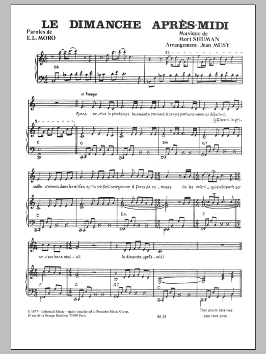 Download Mort Shuman Le Dimanche Apres-Midi Sheet Music and learn how to play Piano & Vocal PDF digital score in minutes