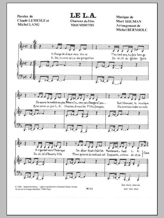 Download Mort Shuman Le L.A. Sheet Music and learn how to play Piano & Vocal PDF digital score in minutes