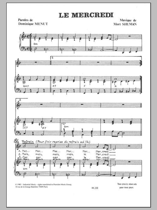 Download Mort Shuman Le Mercredi Sheet Music and learn how to play Piano & Vocal PDF digital score in minutes