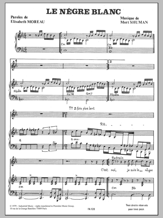 Download Mort Shuman Le Nègre Blanc Sheet Music and learn how to play Piano & Vocal PDF digital score in minutes