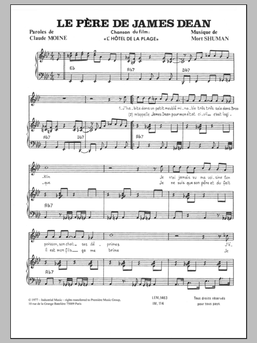 Download Mort Shuman Le Père De James Dean Sheet Music and learn how to play Piano & Vocal PDF digital score in minutes