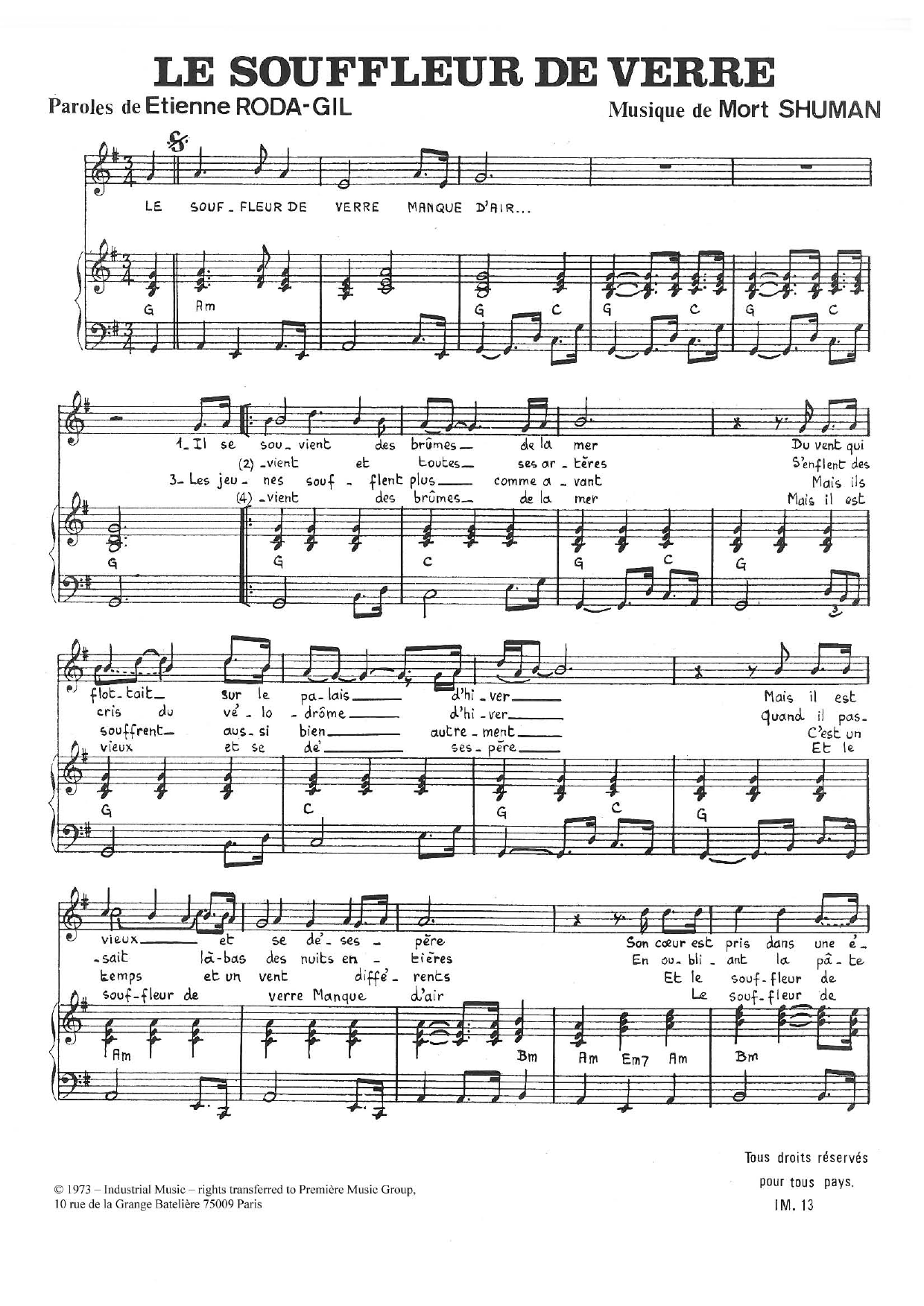 Download Mort Shuman Le Souffleur De Verre Sheet Music and learn how to play Piano & Vocal PDF digital score in minutes