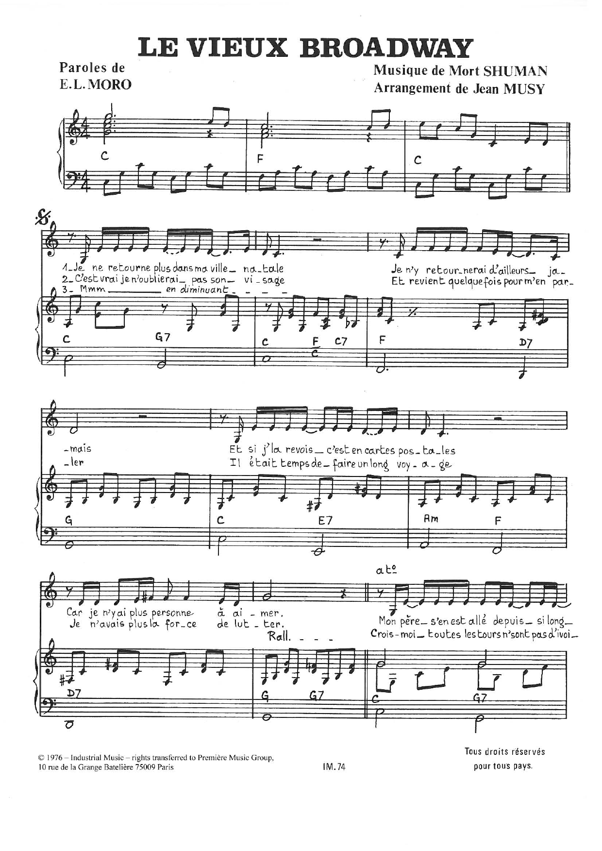 Download Mort Shuman Le Vieux Broadway Sheet Music and learn how to play Piano & Vocal PDF digital score in minutes